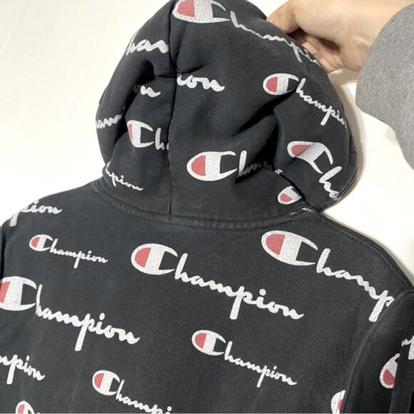 Vintage Champion Reverse Weave Black All Over Logo Print Hoodie M - Picture 10 of 16